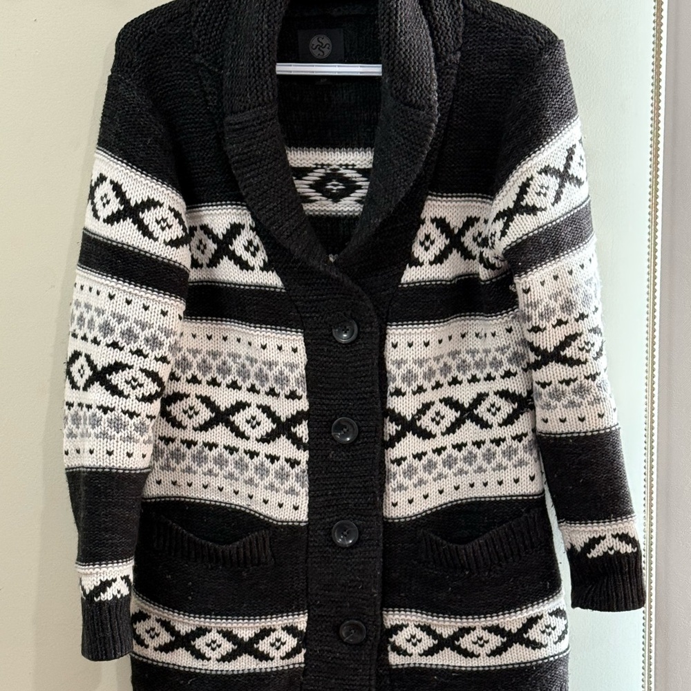 Black and White Nordic Pattern Cardigan Sweater Wool